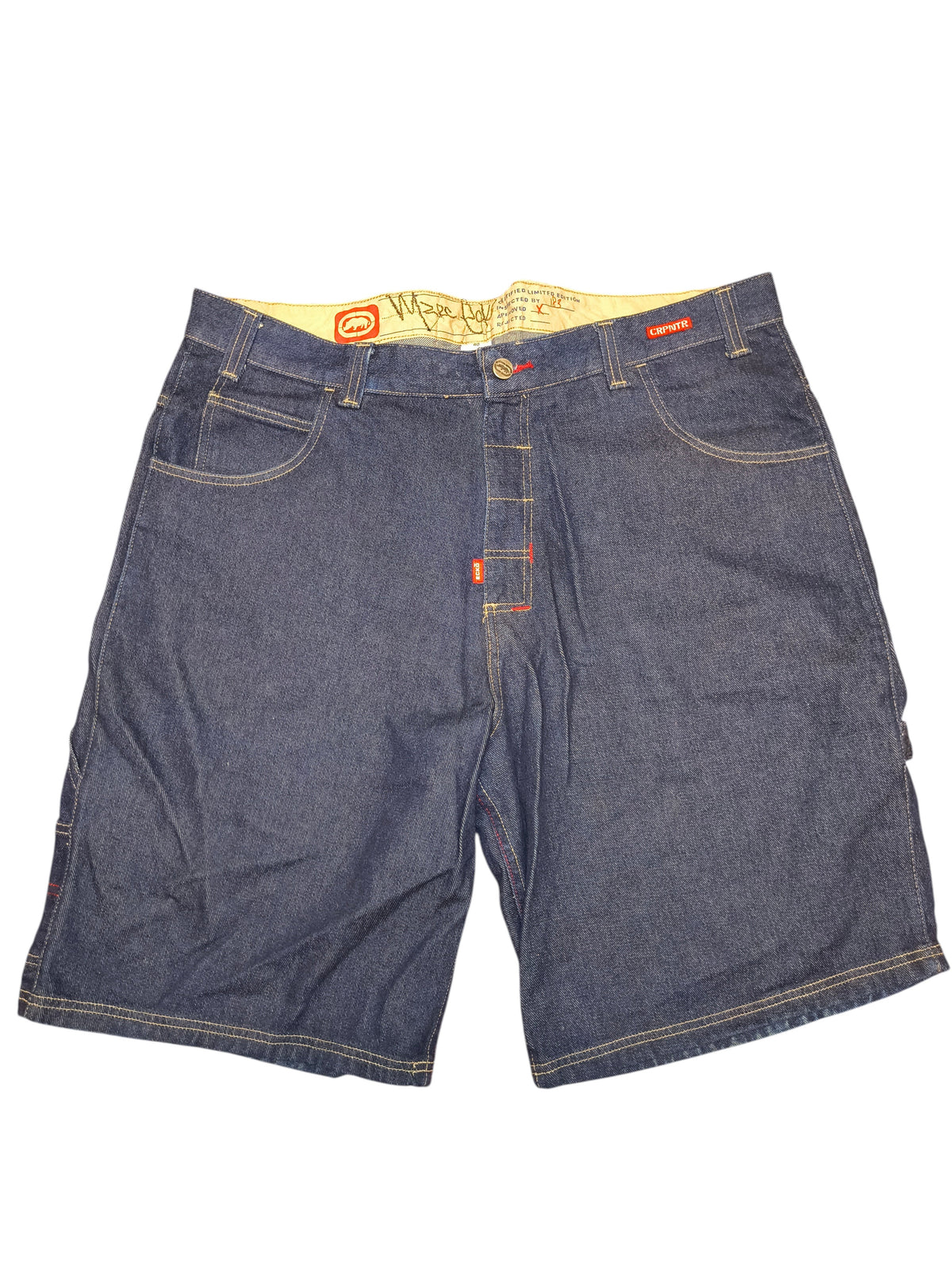 Awsum Thrift Ecko dark wash denim shorts with contrast stitching and branded interior waistband