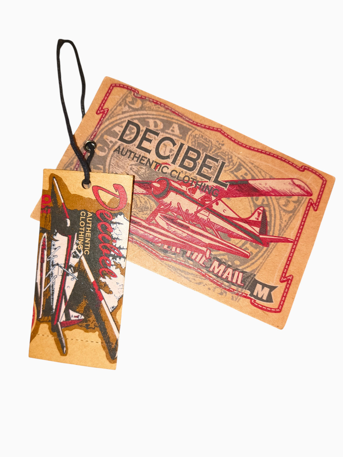 Awsum Thrift Decibel Authentic Clothing branded retail tags featuring vintage airplane illustrations
