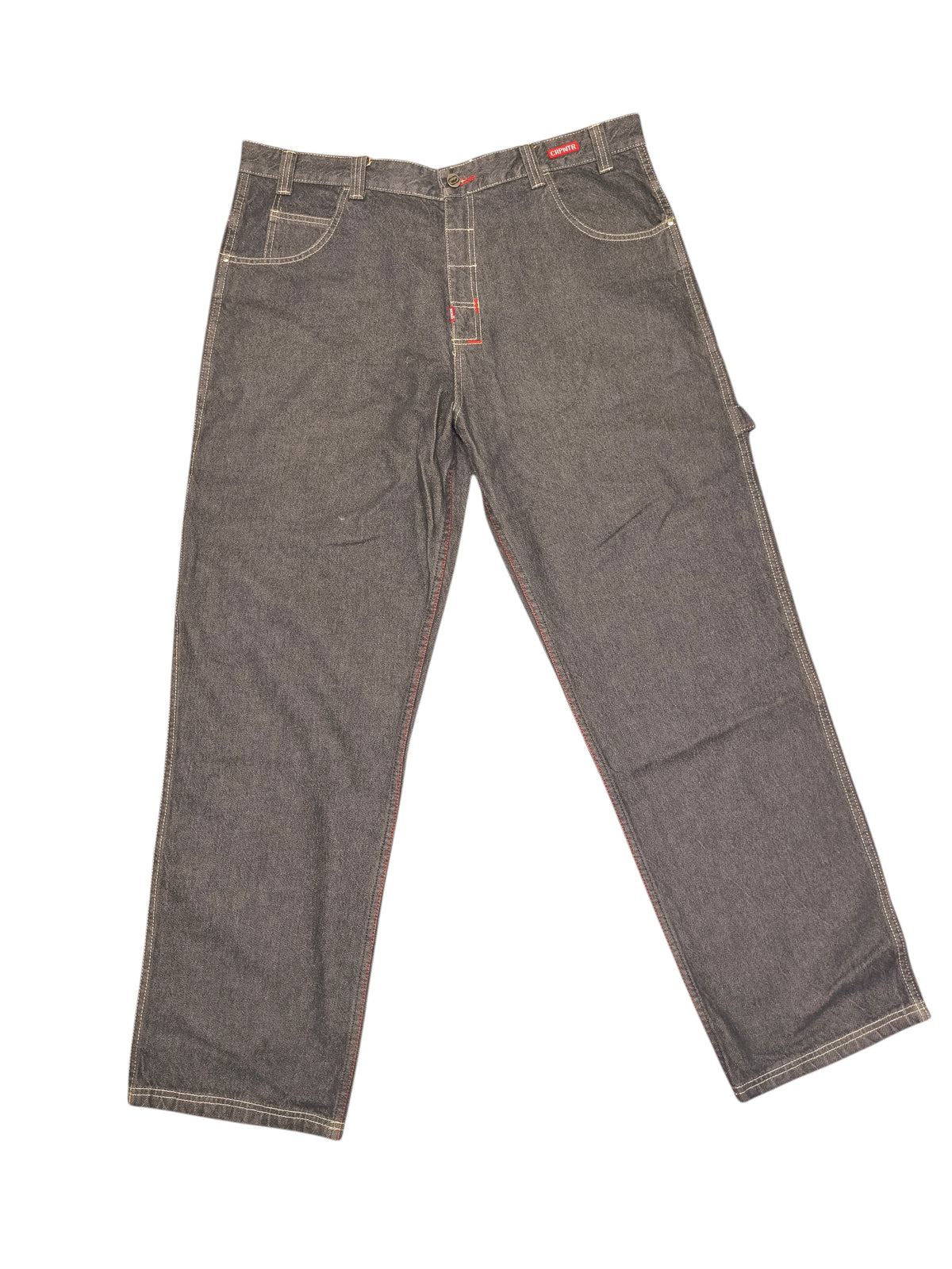 Awsum Thrift Ecko dark grey denim jeans with contrast red stitching and a straight leg fit.