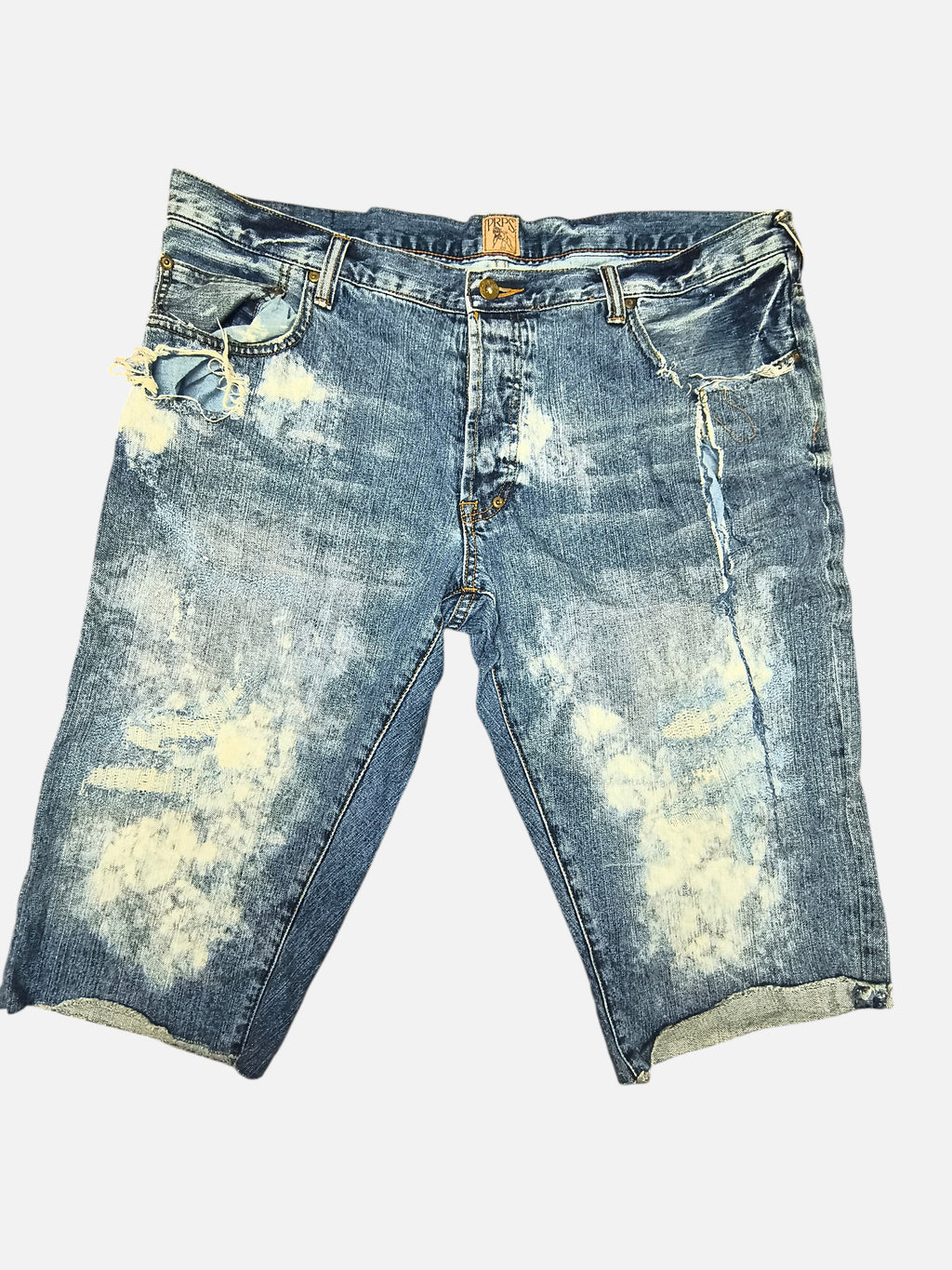 Awsum Thrift PRPS denim shorts in distressed blue wash with heavy fading, frayed edges, and button fly closure.