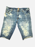 Awsum Thrift PRPS denim shorts in distressed blue wash with heavy fading, frayed edges, and button fly closure.