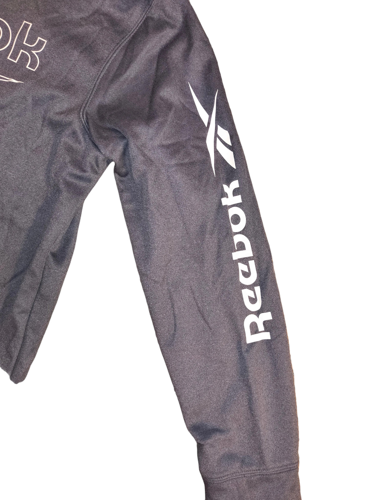 Awsum Thrift Reebok men's medium gray performance hoodie with white logo print on the sleeve