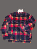Awsum Thrift The One Hundred Jacket in a navy, red, and tan plaid fleece with a white sherpa-lined collar