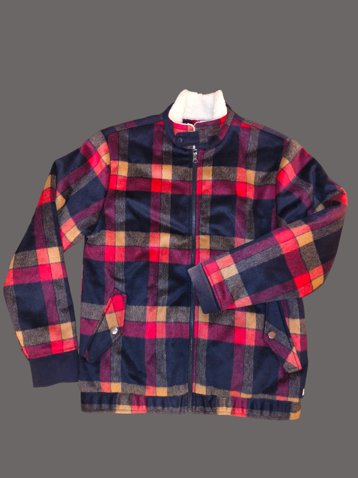 Awsum Thrift The One Hundred Jacket in a navy, red, and tan plaid fleece with a white sherpa-lined collar
