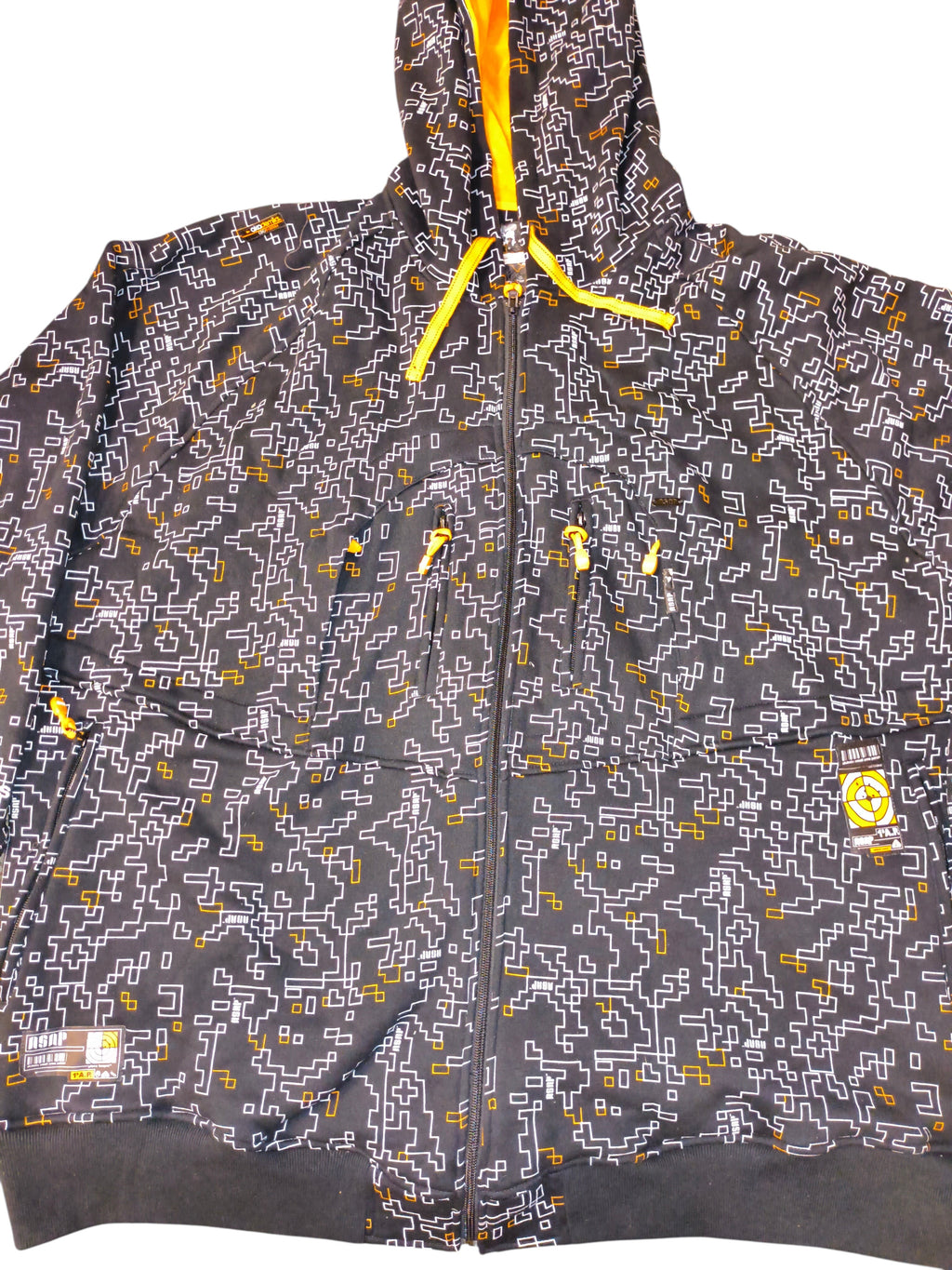 Awsum Thrift vintage Akademiks Y2K black and yellow pixelated fleece jacket with tactical patches and hood