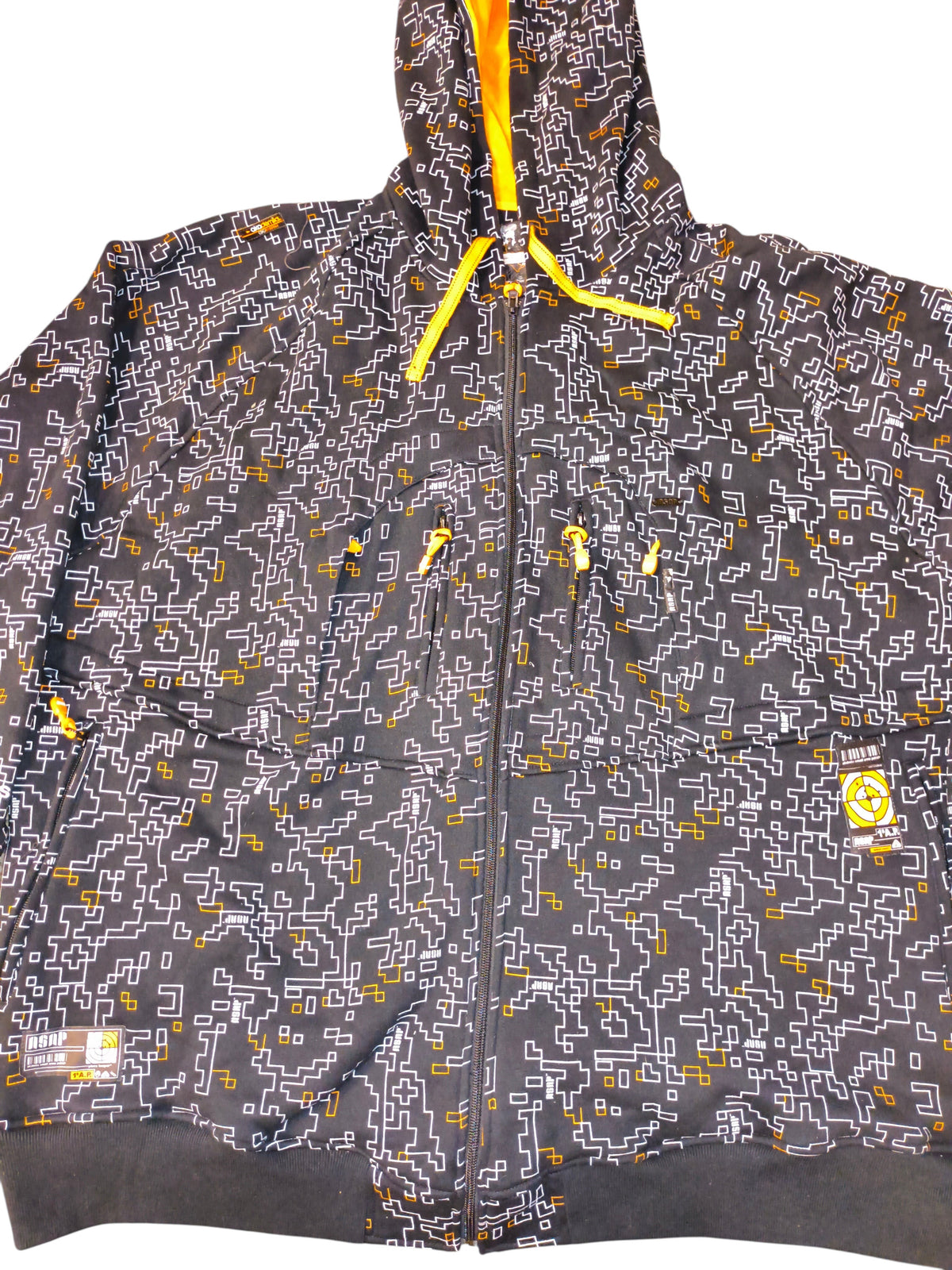 Awsum Thrift vintage Akademiks Y2K black and yellow pixelated fleece jacket with tactical patches and hood
