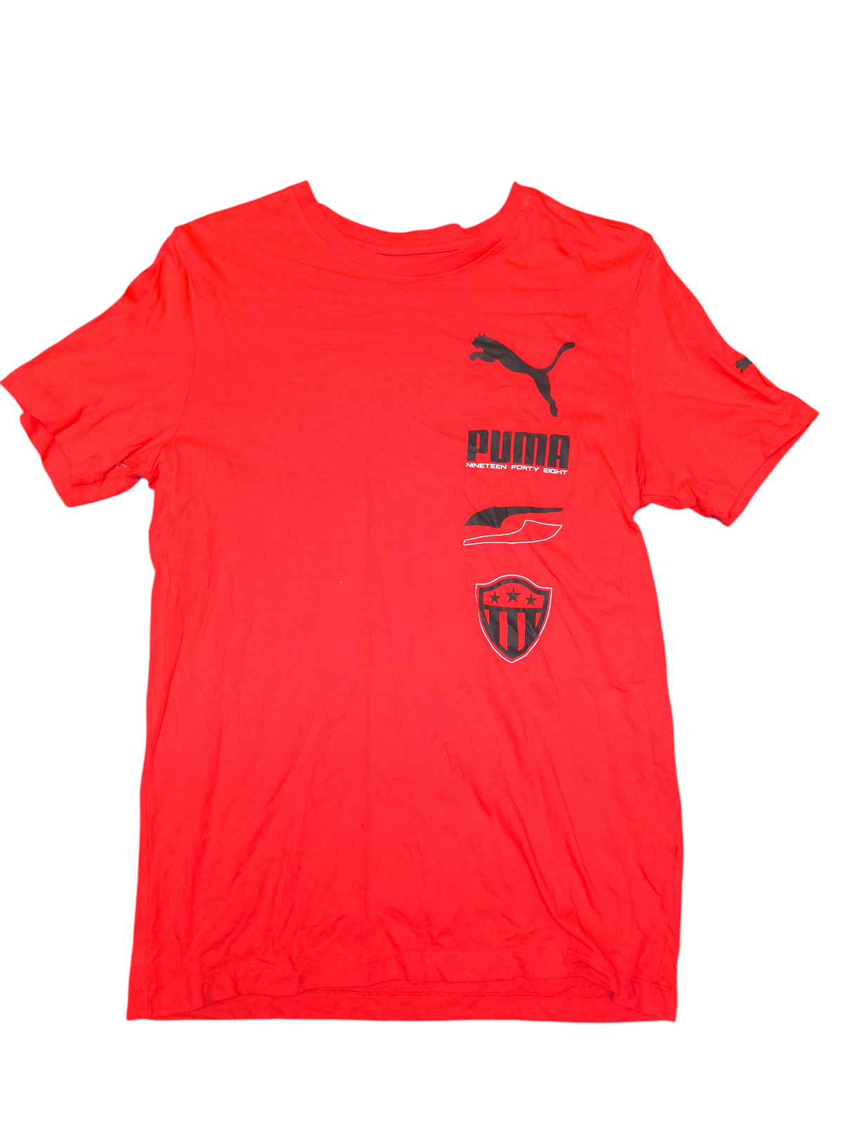 Awsum Thrift red Puma tee with black graphic logo prints on the front chest