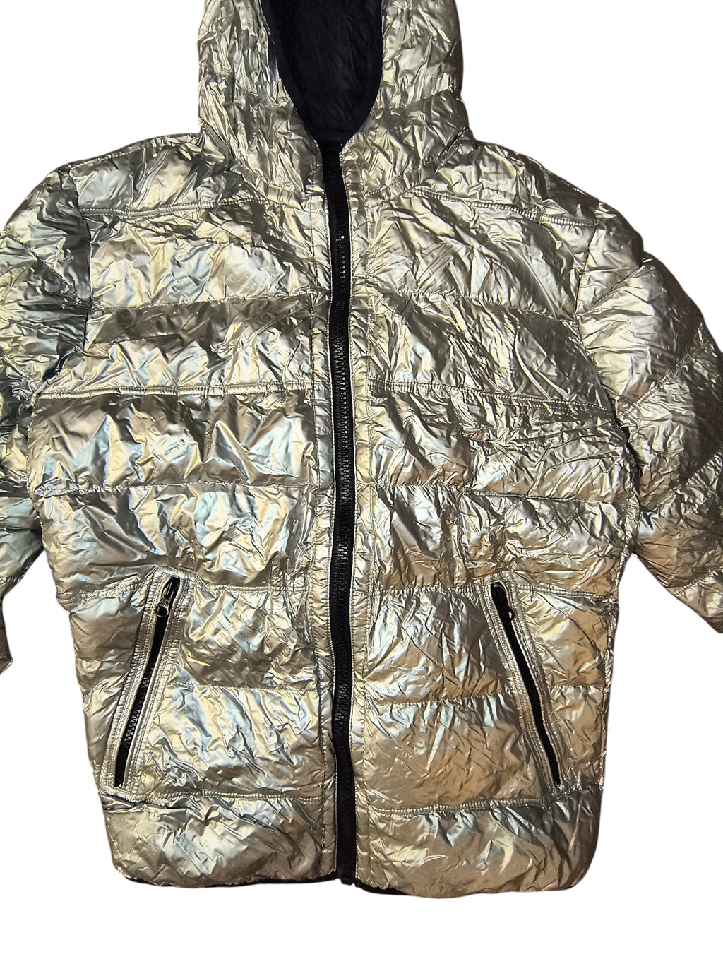 Awsum Thrift American Eagle metallic silver foil puffer jacket with hood, zip front, and quilted insulated design.