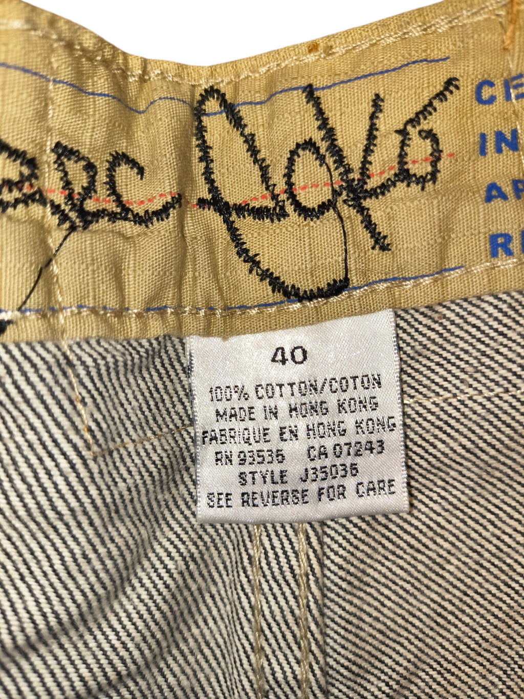 Awsum Thrift Ecko Jeans size 40 interior label showing 100% cotton material and Hong Kong manufacturing details