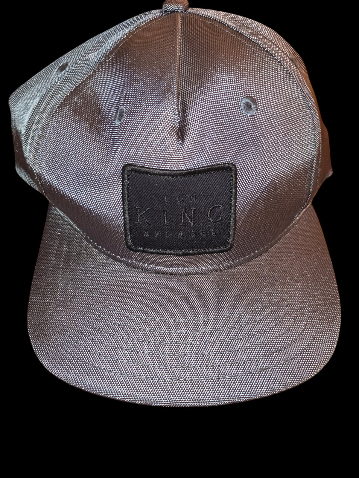 Awsum Thrift King Hat in metallic grey with a black rectangular patch featuring embossed King Apparel branding.