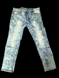 Awsum Thrift Scout Denim light ice-blue acid wash slim jeans with distressed shredded patches on the front thighs