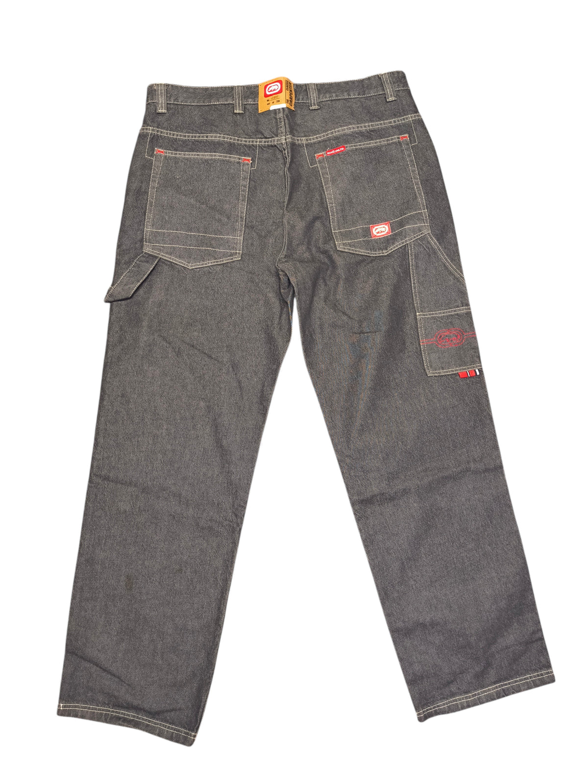 Awsum Thrift Ecko Jeans in dark grey denim with red logo embroidery and contrast stitching, back view