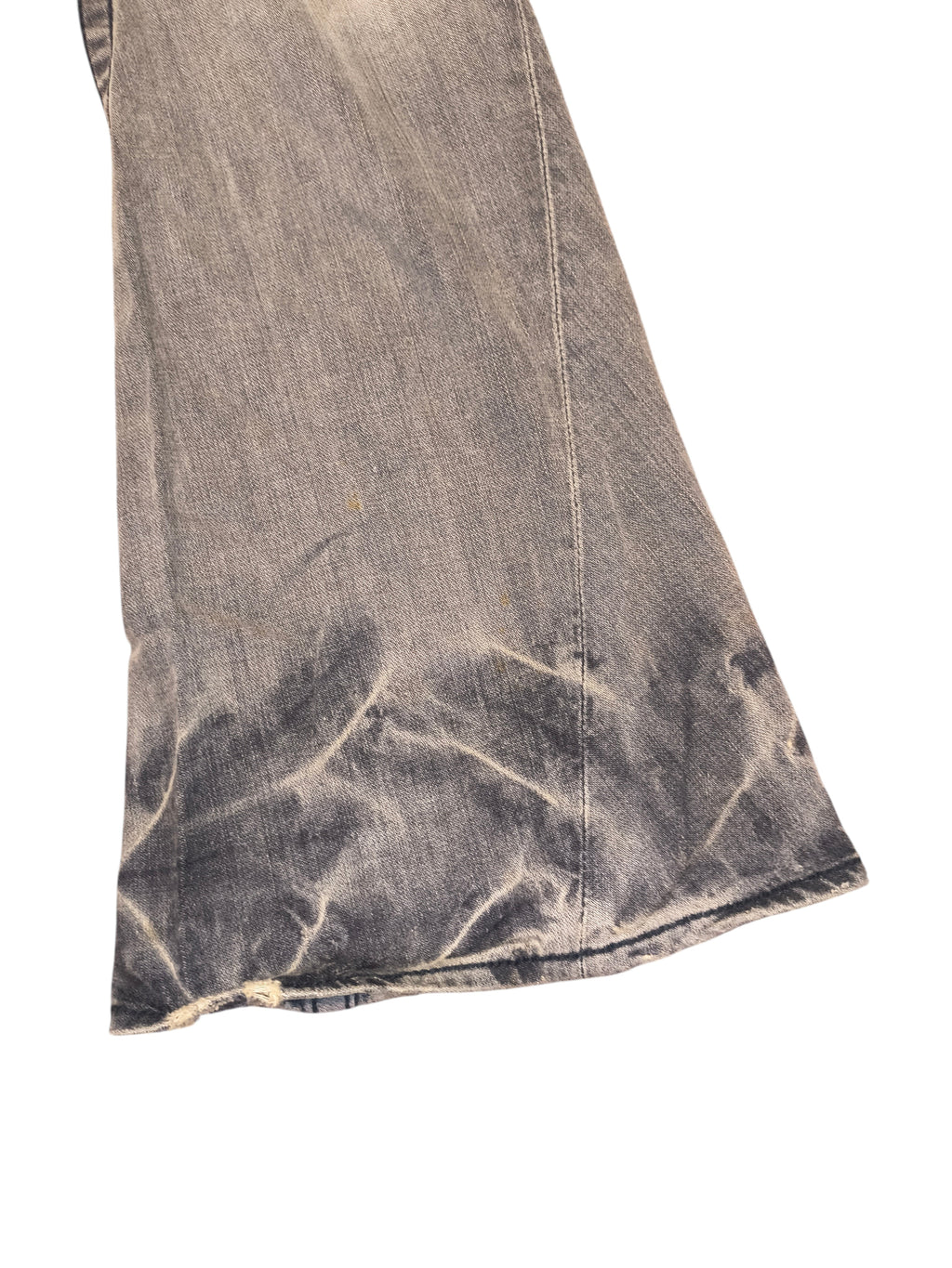 Awsum Thrift True religion bell bottoms featuring a distressed grey denim wash and flared leg hem detail.