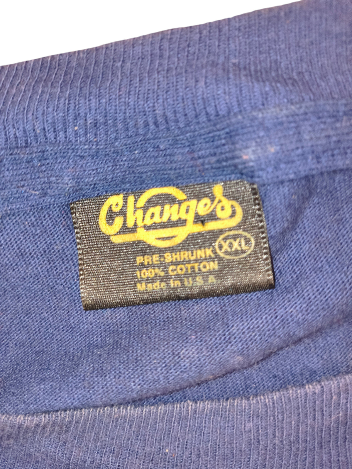 Awsum Thrift vintage 90s Changes brand navy blue cotton t-shirt neck label with XXL size and Made in USA text