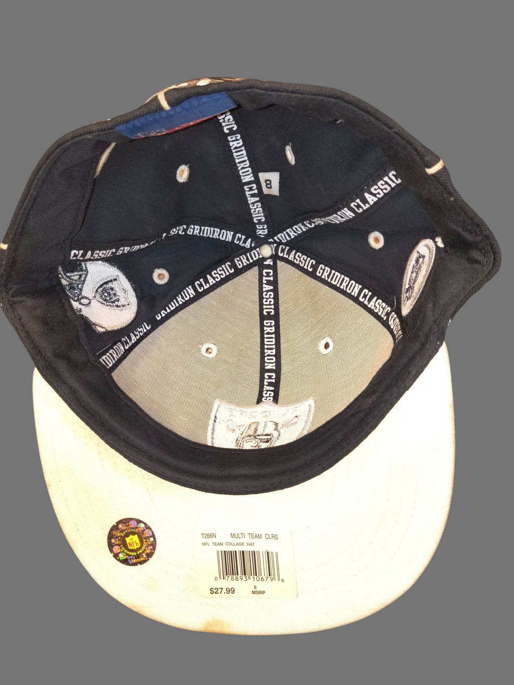 Awsum Thrift vintage Reebok Raiders wool fitted hat interior showing Gridiron Classics branding and size 8 tag