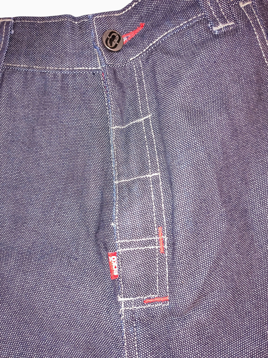 Awsum Thrift vintage Marc Ecko dark indigo cross-hatch denim jeans with red contrast stitching and logo detail