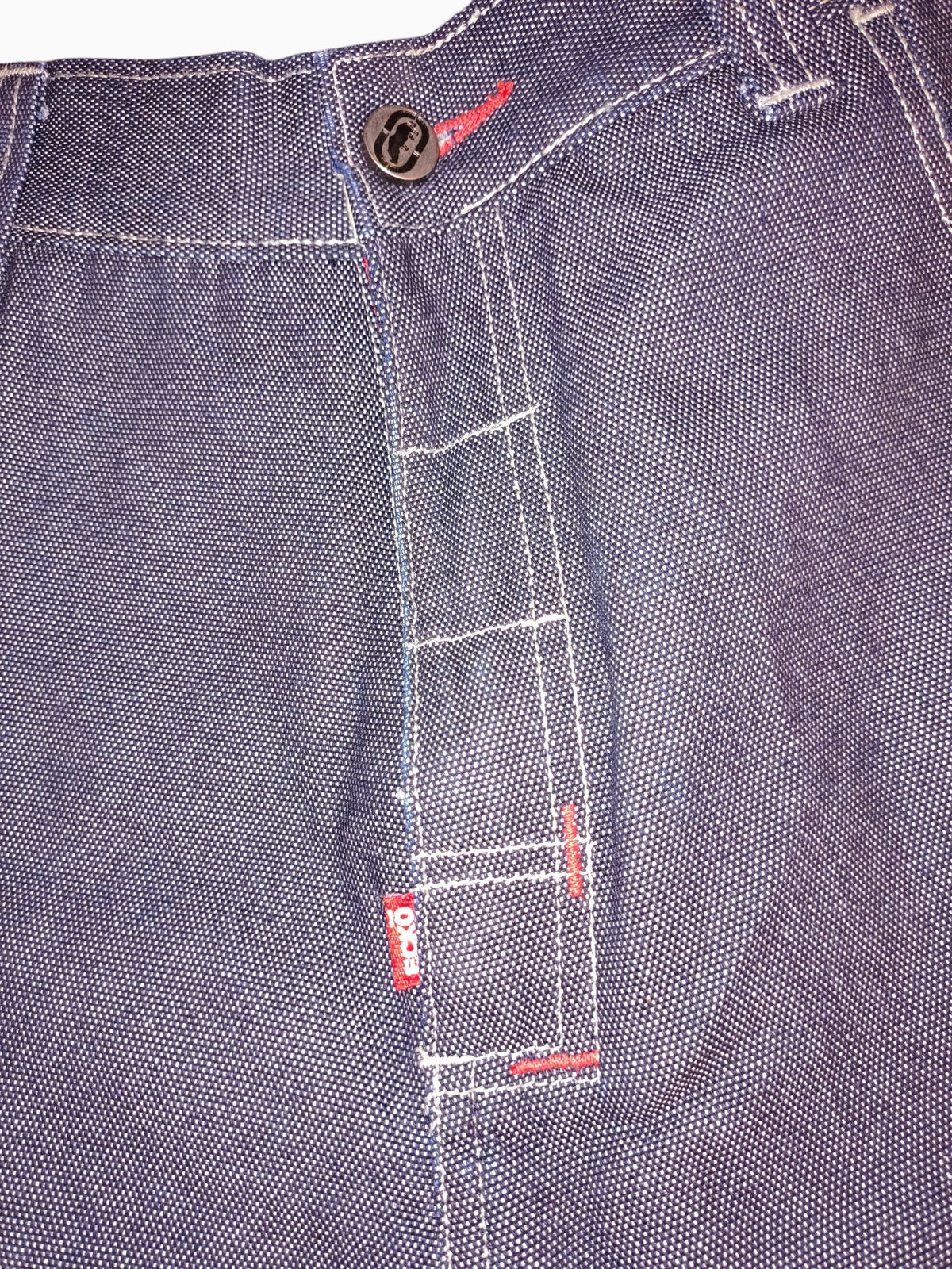 Awsum Thrift vintage Marc Ecko dark indigo cross-hatch denim jeans with red contrast stitching and logo detail