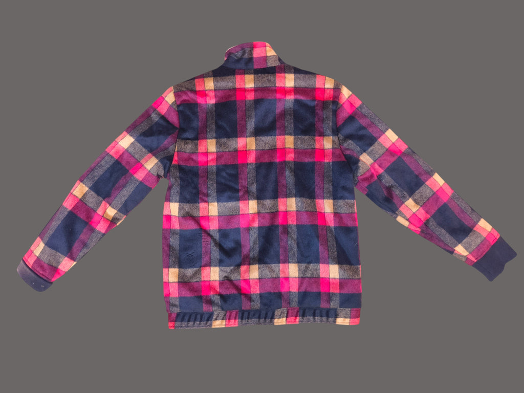 Awsum Thrift The One Hundred Jacket in a navy, pink, and beige plaid flannel pattern with long sleeves