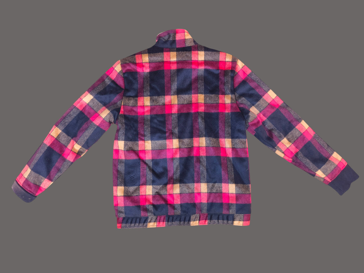 Awsum Thrift The One Hundred Jacket in a navy, pink, and beige plaid flannel pattern with long sleeves