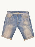 Awsum Thrift G-Raw blue denim jean shorts with a faded wash, five-pocket styling, and cuffed hems.