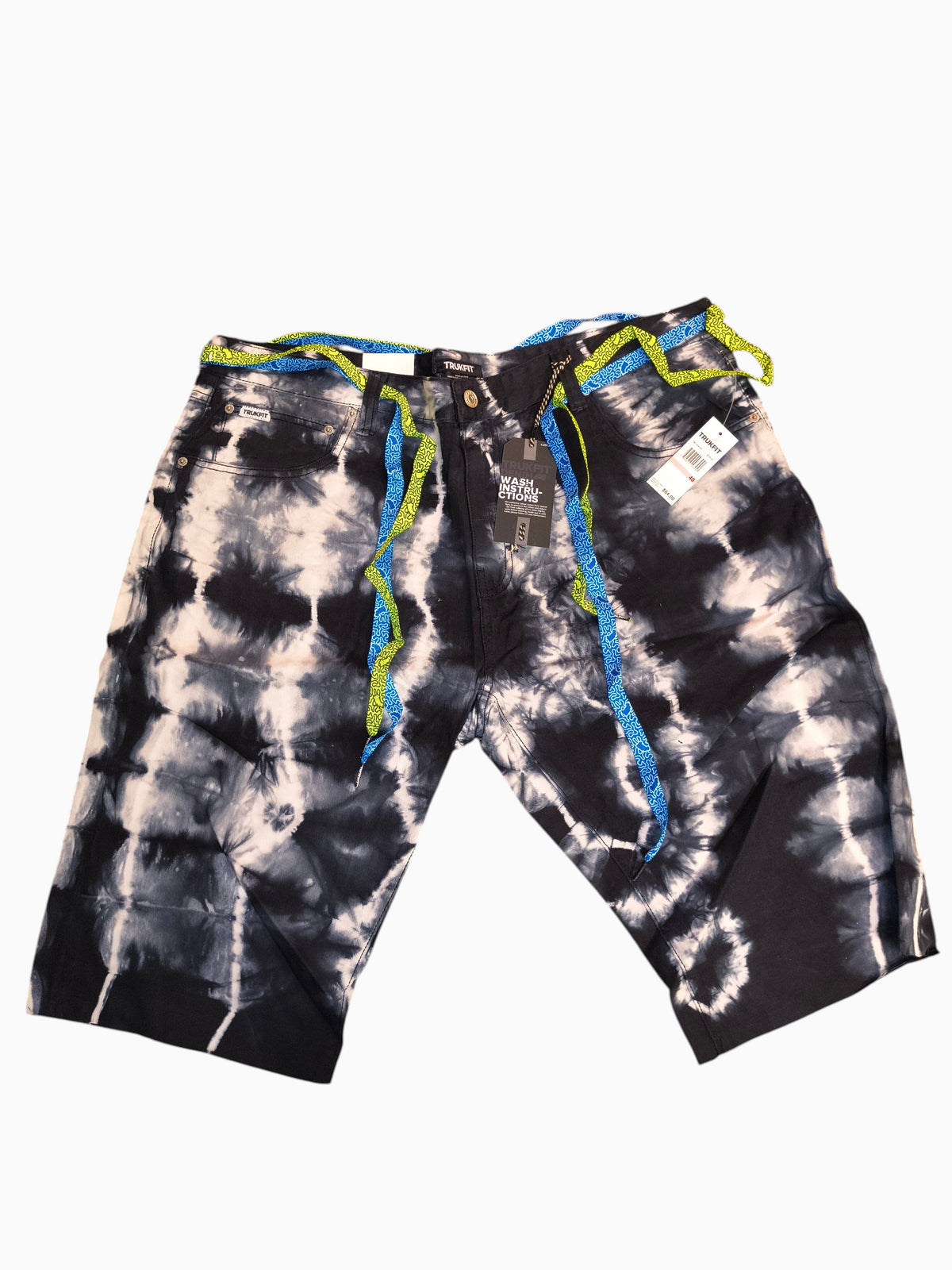 Awsum Thrift Trukfit black and white tie-dye denim shorts with neon yellow and blue patterned belt loops and tags.