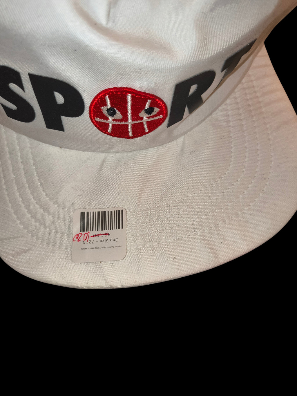 Awsum Thrift Hall of Fame white strapback hat with black SPORT text and a red cartoon basketball graphic on the front.