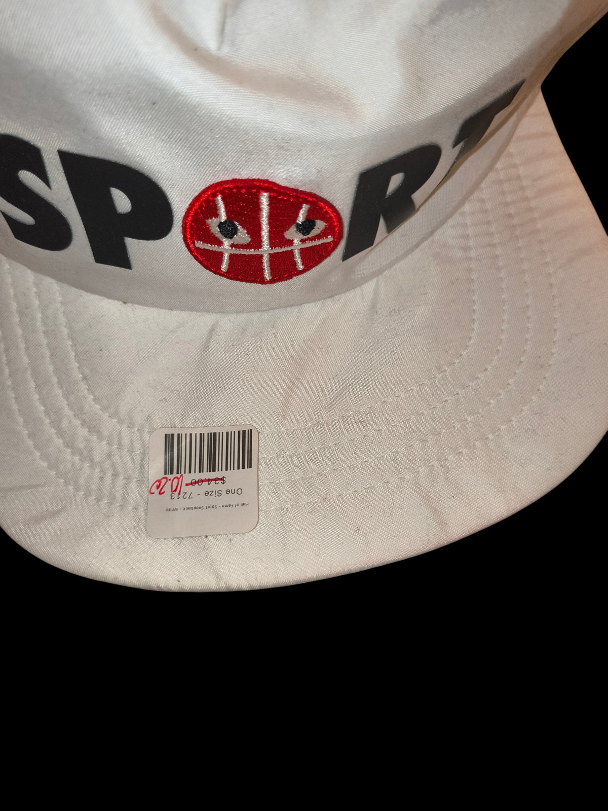 Awsum Thrift Hall of Fame white strapback hat with black SPORT text and a red cartoon basketball graphic on the front.