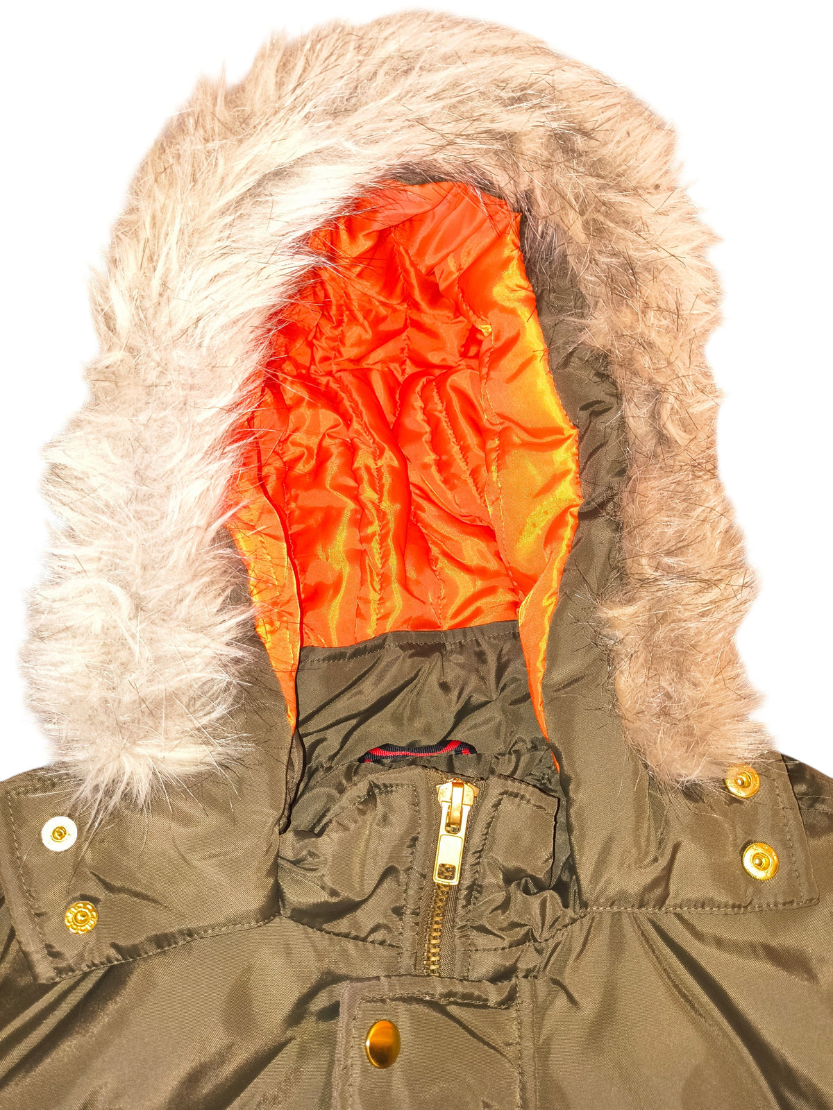 Awsum Thrift green coat featuring a hood with faux fur trim and a vibrant orange quilted lining