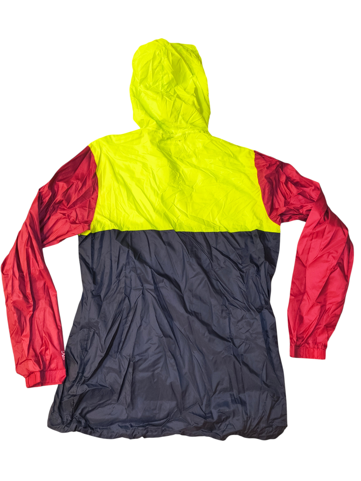 Back view of Awsum Thrift All Good colorblock windbreaker in navy, neon yellow, and burgundy polyester ripstop.