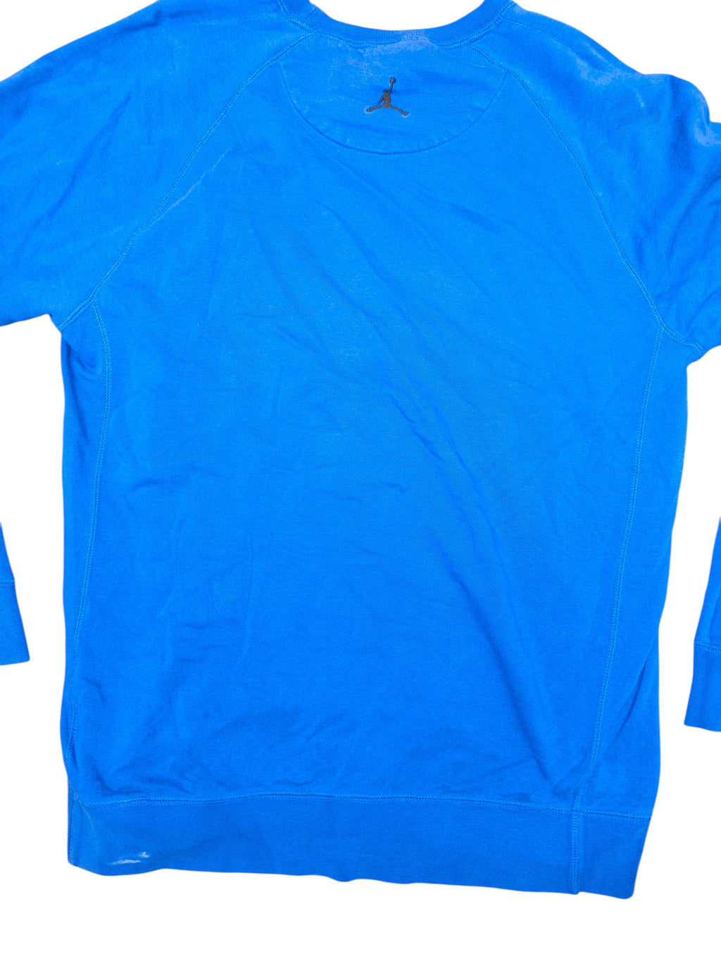 Awsum Thrift bright blue Jordan crewneck sweatshirt with a small black Jumpman logo on the back neckline