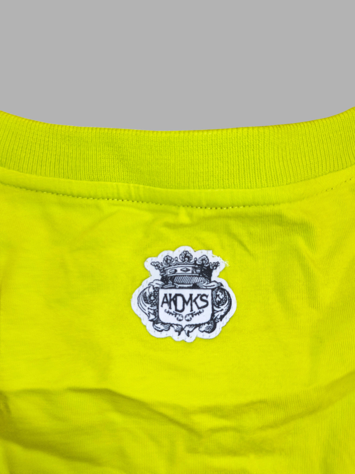 Awsum Thrift Akademiks lime green heavyweight cotton t-shirt featuring a stitched heritage AKDMKS shield on back neck