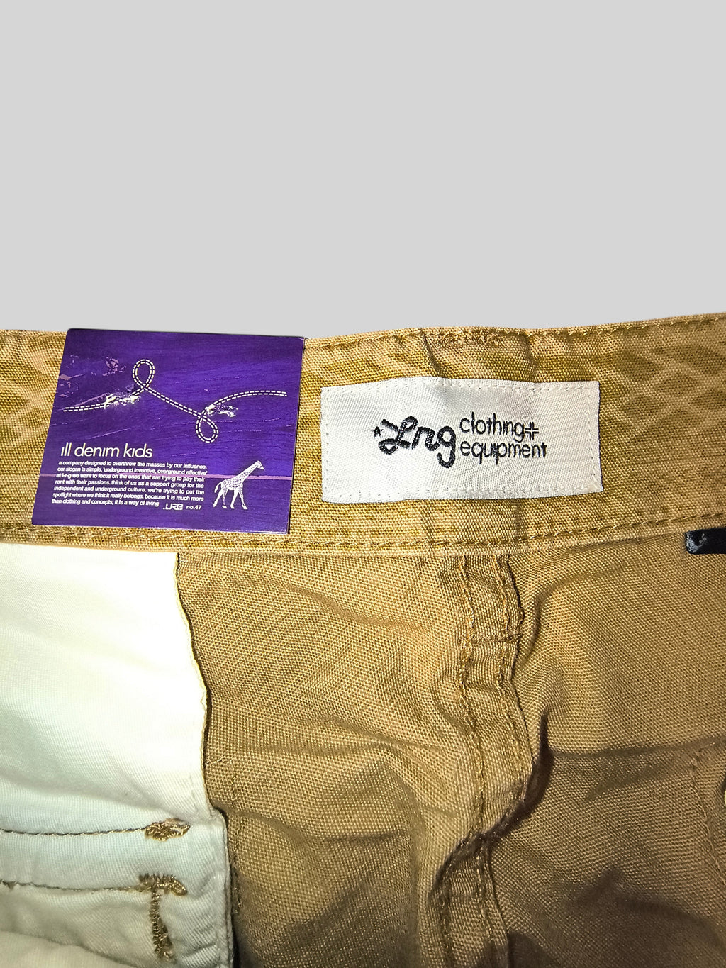 Awsum Thrift LRG khaki cotton canvas cargo pants interior waistband with brand label and purple tag