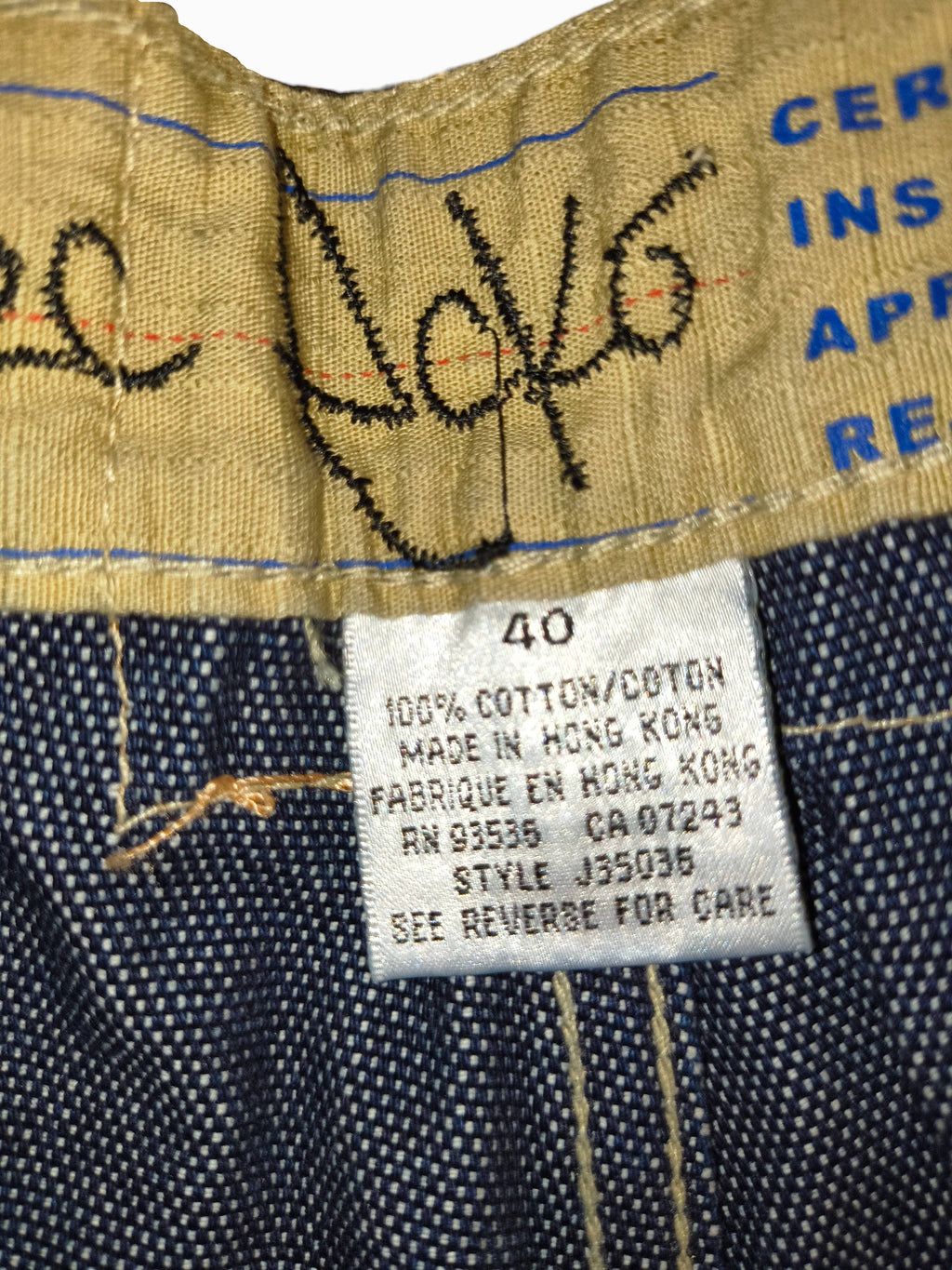 Awsum Thrift vintage Marc Ecko jeans size 40 tag showing 100 percent cotton material and Hong Kong origin