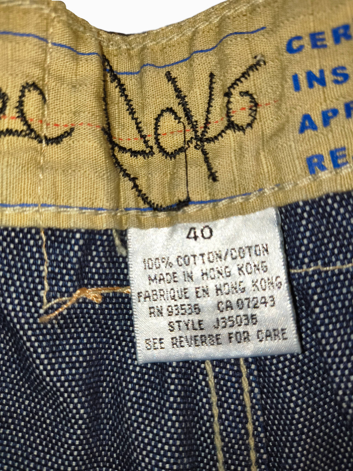 Awsum Thrift vintage Marc Ecko jeans size 40 tag showing 100 percent cotton material and Hong Kong origin