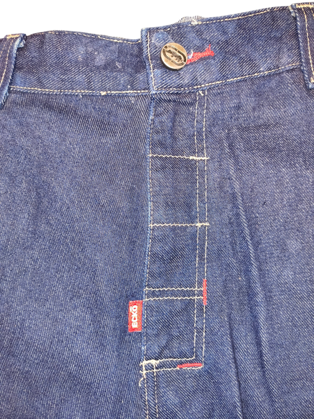 Awsum Thrift Ecko dark blue denim shorts featuring a branded metal button and red logo tag detail.