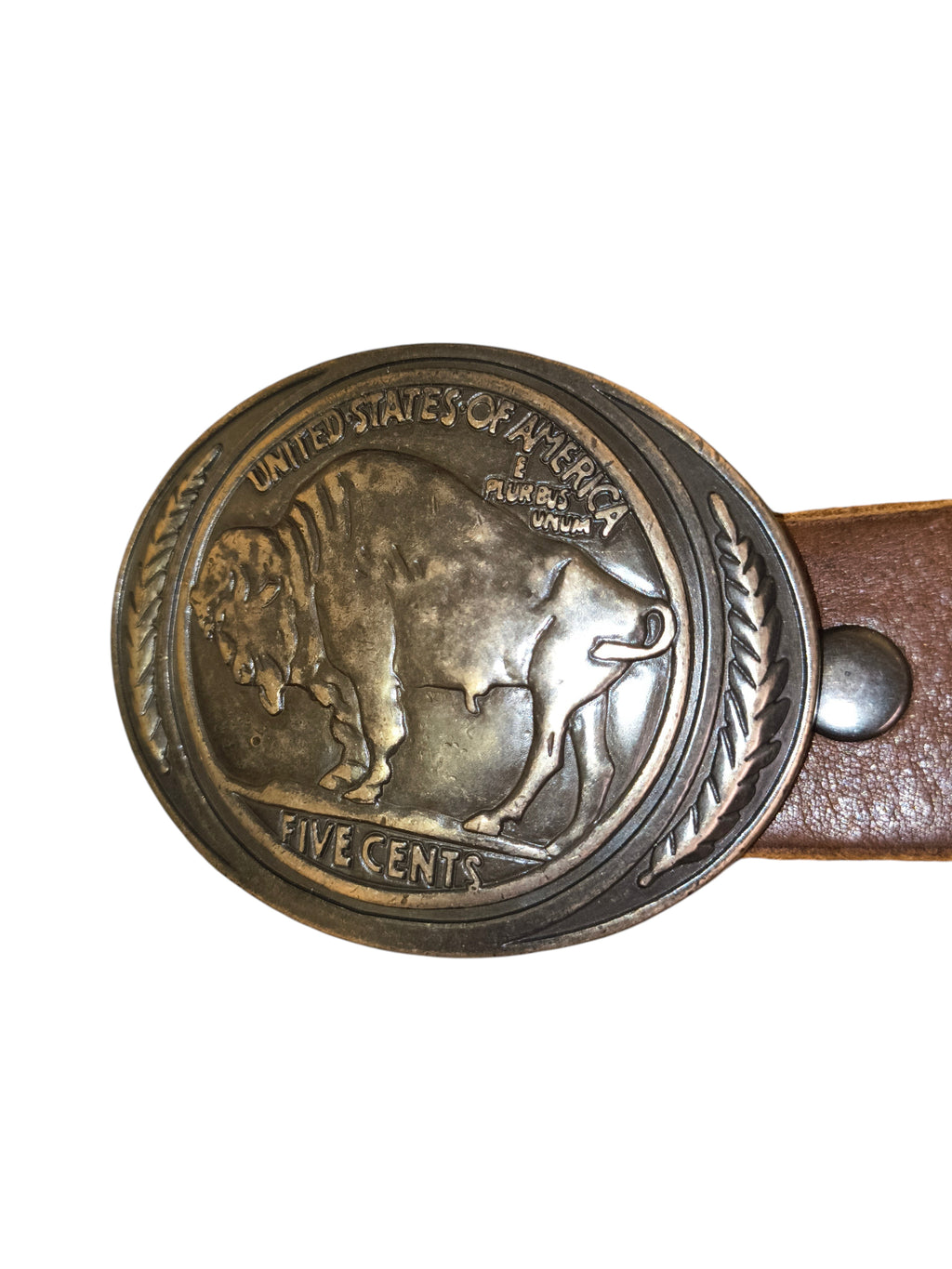 Awsum Thrift vintage Eddie Bauer dark brown Italian leather belt with antiqued silver Buffalo Nickel coin buckle