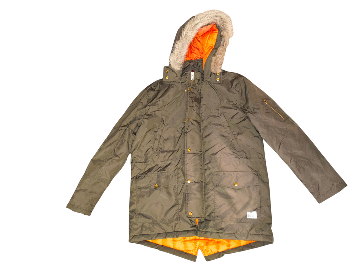 Awsum Thrift Adam Levine green parka coat with bright orange lining and faux fur hood trim
