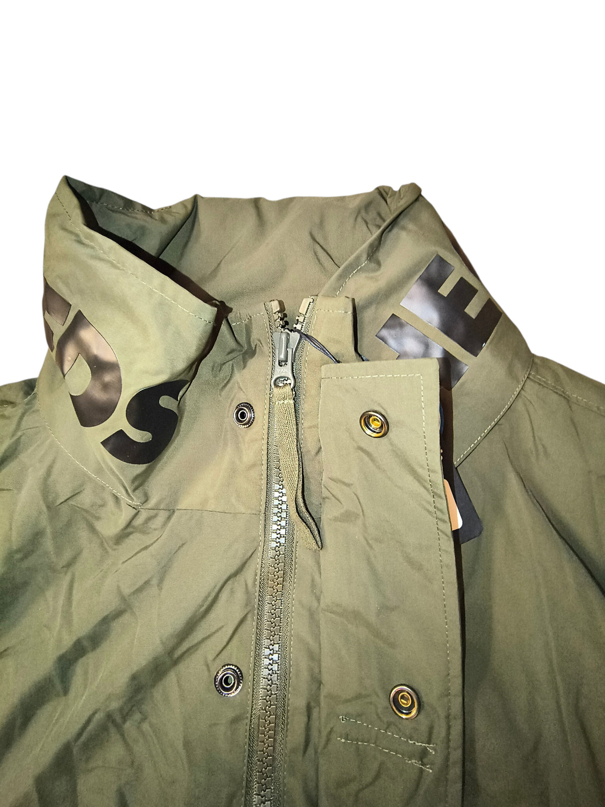 Awsum Thrift The Hundreds olive green technical field jacket with high stand collar and black matte logo detailing