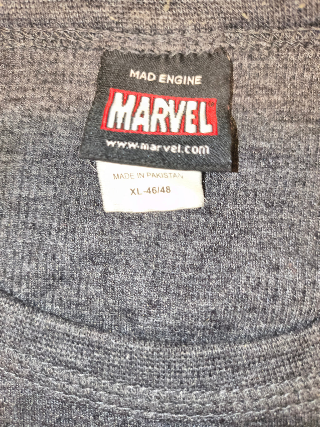 Awsum Thrift Mad Engine Marvel grey t-shirt label showing size XL 46-48 and made in Pakistan tag