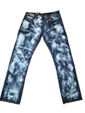 Awsum Thrift Rocksmith NYC straight leg jeans featuring a dark indigo and white bleached tie-dye cloud wash effect.