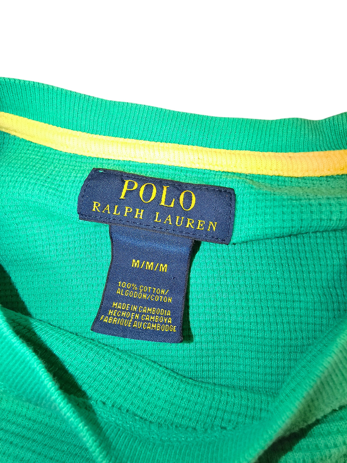 Awsum Thrift green cotton waffle knit Polo Ralph Lauren shirt with yellow neck trim