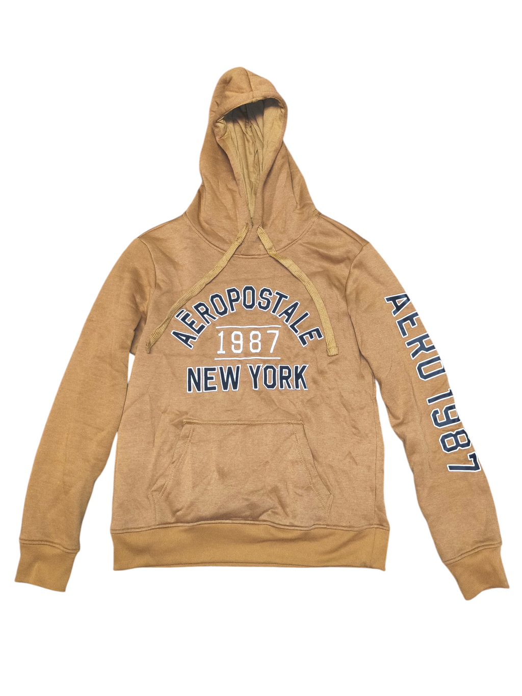 Awsum Thrift mustard yellow Aeropostale hoodie with white and black graphic text on the chest and left sleeve