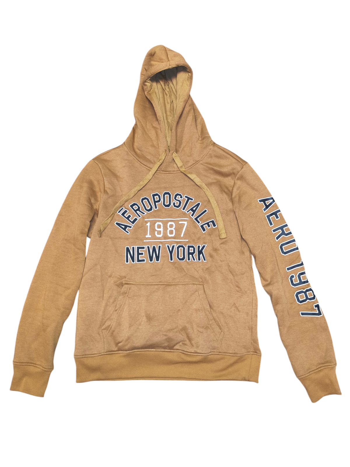Awsum Thrift mustard yellow Aeropostale hoodie with white and black graphic text on the chest and left sleeve