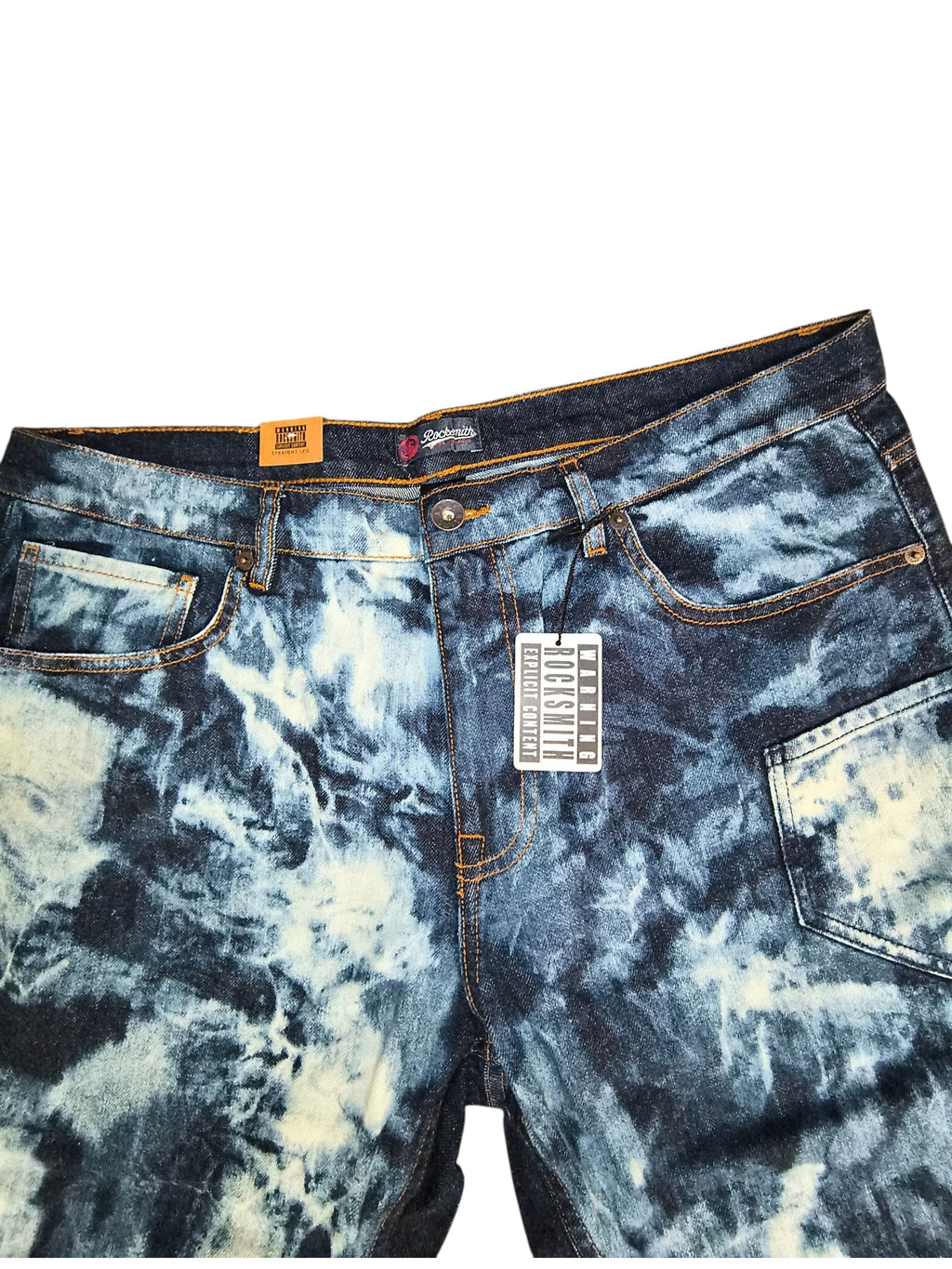 Awsum Thrift Rocksmith NYC men's straight jeans featuring a dark indigo and bleached tie-dye cloud wash effect.