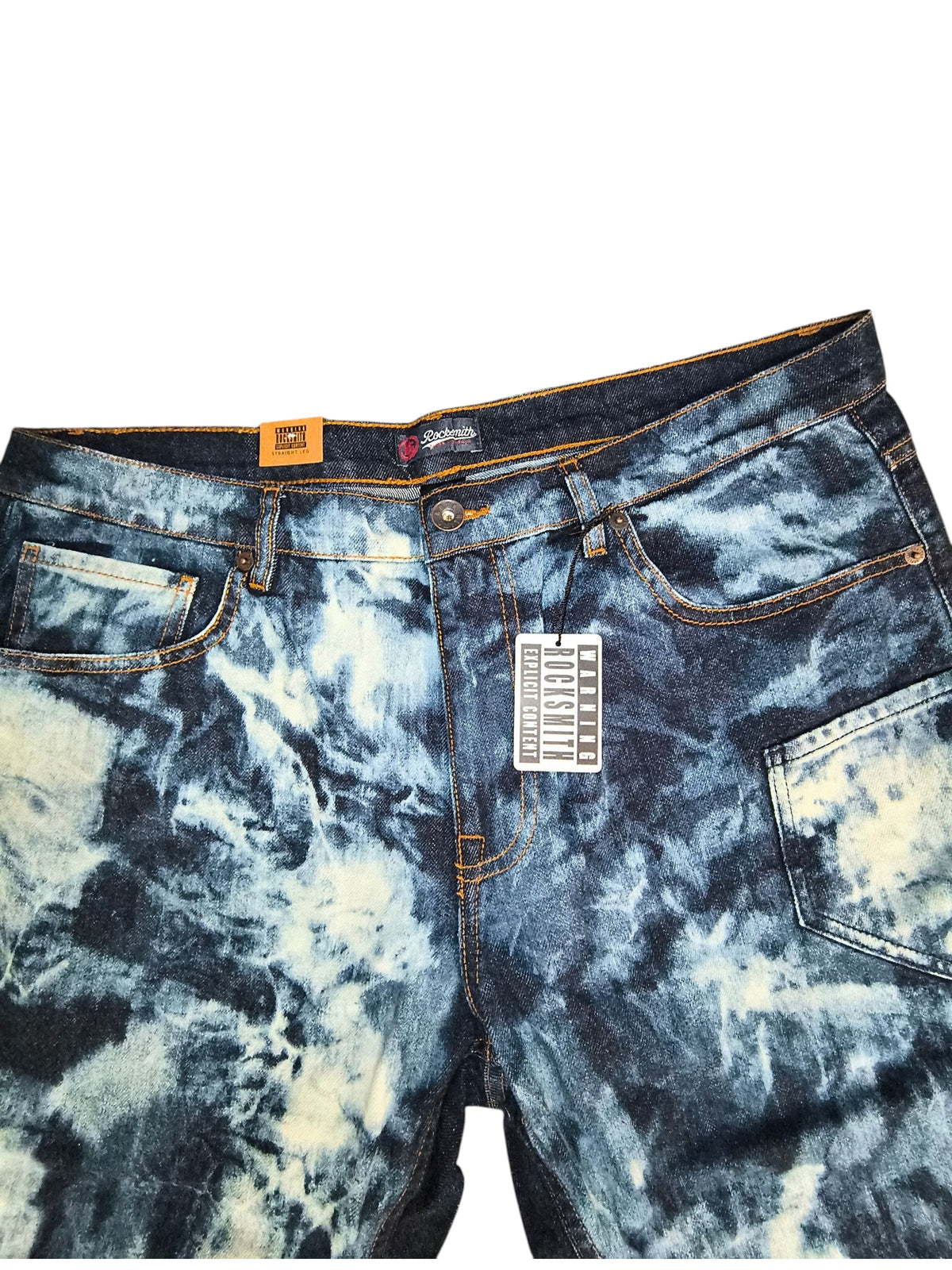 Awsum Thrift Rocksmith NYC men's straight jeans featuring a dark indigo and bleached tie-dye cloud wash effect.