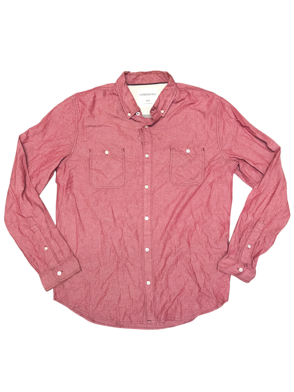 Awsum Thrift Aeropostale red long-sleeve button-up shirt with two chest pockets and a button-down collar.