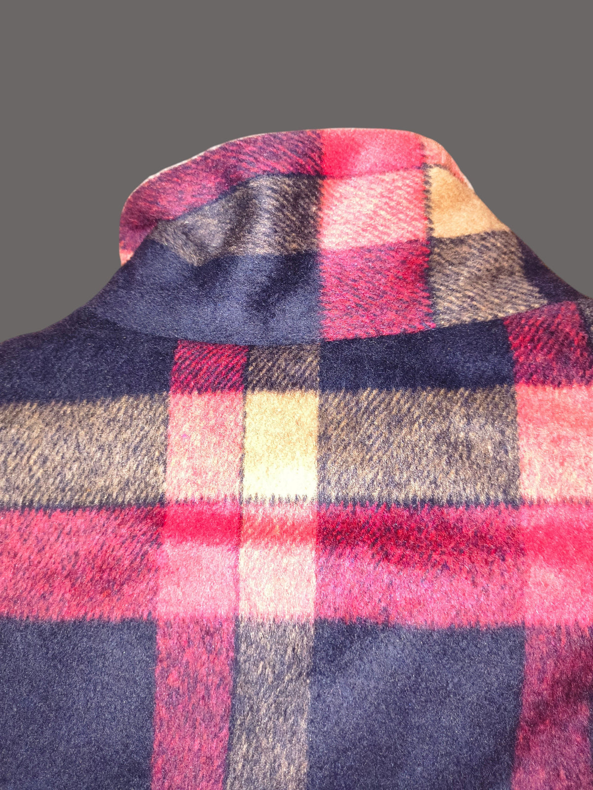 Awsum Thrift The One Hundred Jacket featuring a soft, brushed wool-blend fabric with a pink, navy, and tan plaid pattern