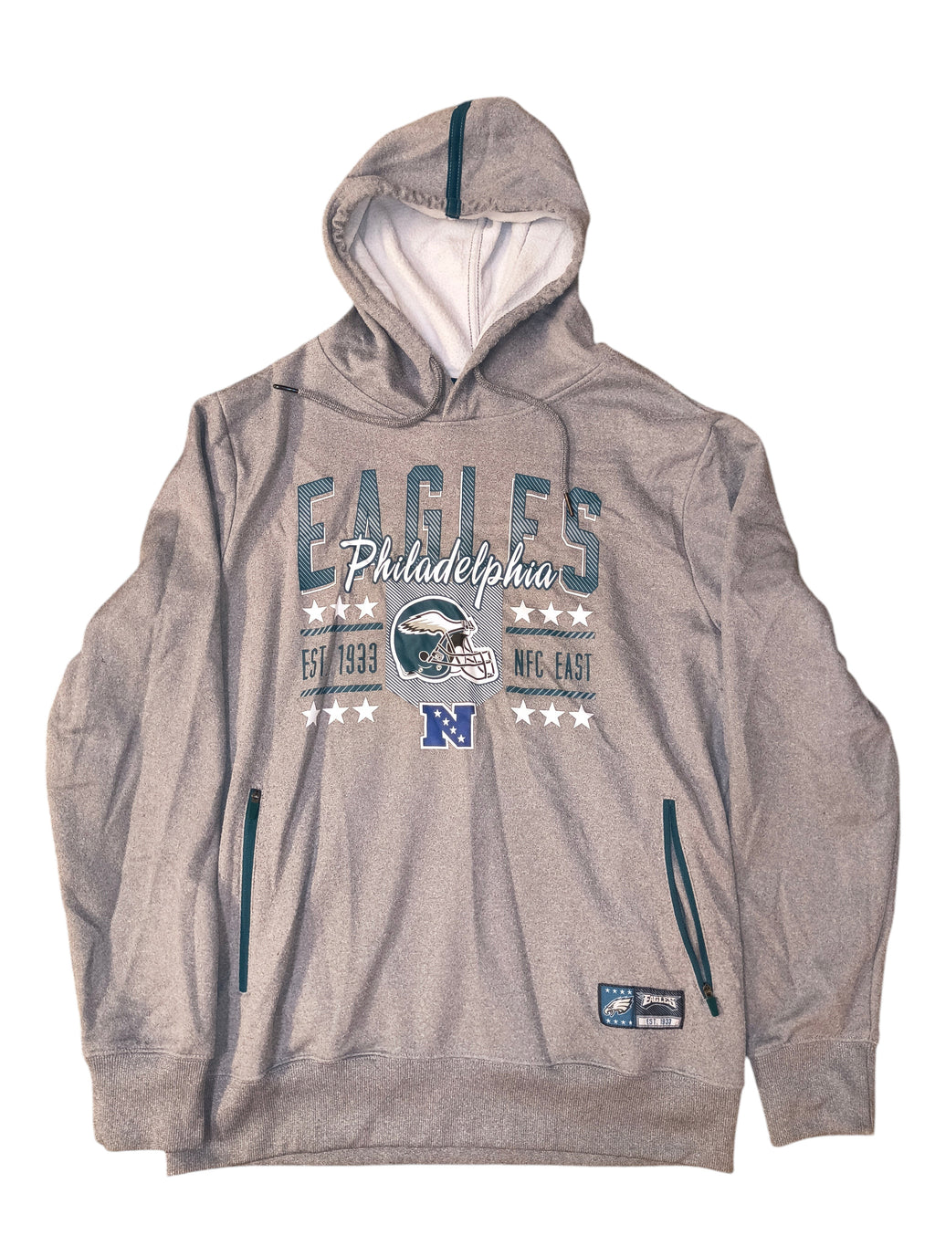 Awsum Thrift Philadelphia Eagles heather gray fleece hoodie with graphic chest print and teal zippered side pockets