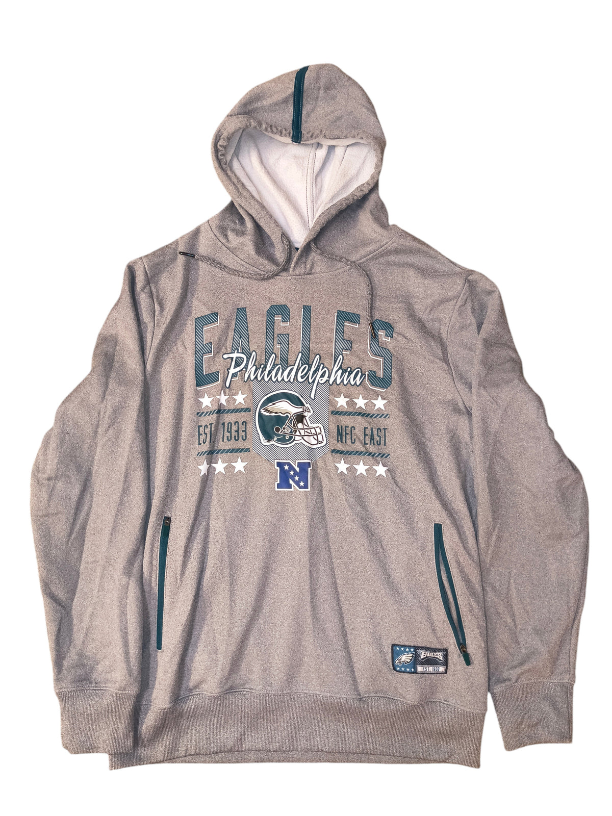 Awsum Thrift Philadelphia Eagles heather gray fleece hoodie with graphic chest print and teal zippered side pockets