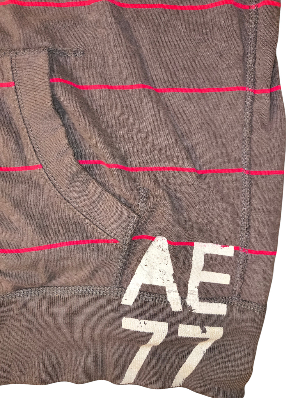 Awsum Thrift American Eagle Outfitters brown cotton hoodie with neon pink stripes and white AE 77 collegiate graphic